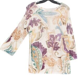 Chicos Womens Sweater 3/4 Sleeve Boho Retro Hippie Garden Art Folk 1 Medium 8